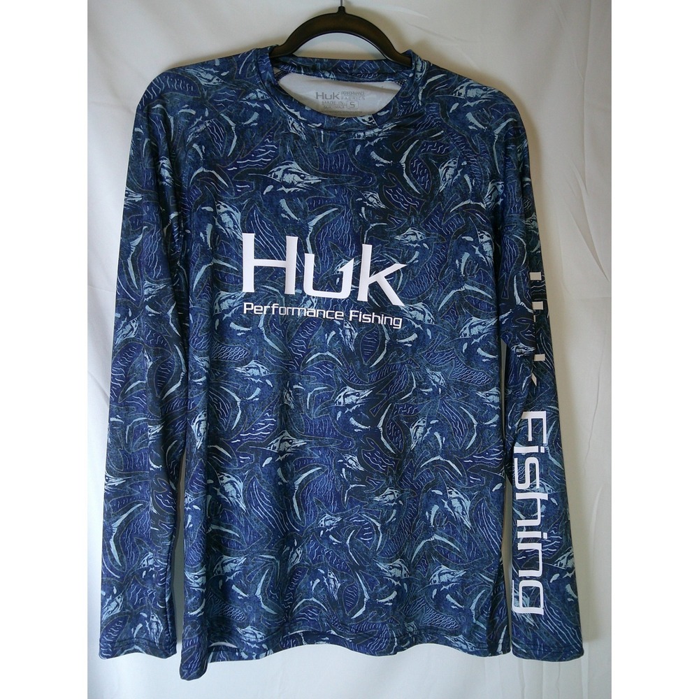 Huk Performance Fishing Shirt Mens Small Blue Marlin Camo‎ Long Sleeve Sun Top
